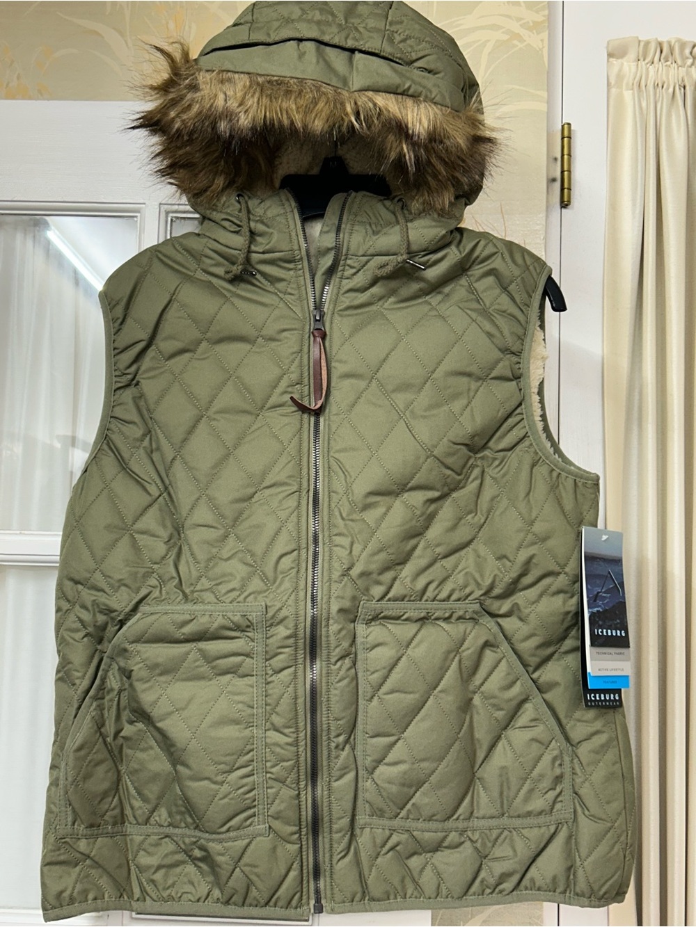 Women’s Iceberg Quilted Olive Green Hooded Vest with Faux Fur Trim